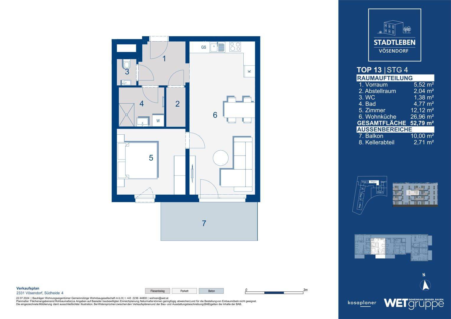 Grundriss einer Wohnung mit Balkon, separatem WC und offener Wohnküche.