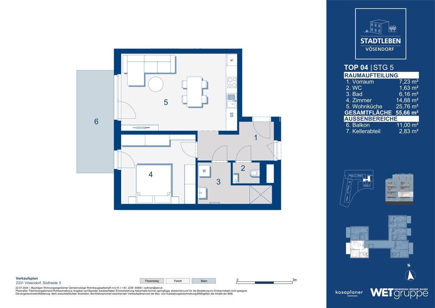 Grundriss einer Wohnung mit offenem Wohnbereich, Schlafzimmer, Bad und Balkon.