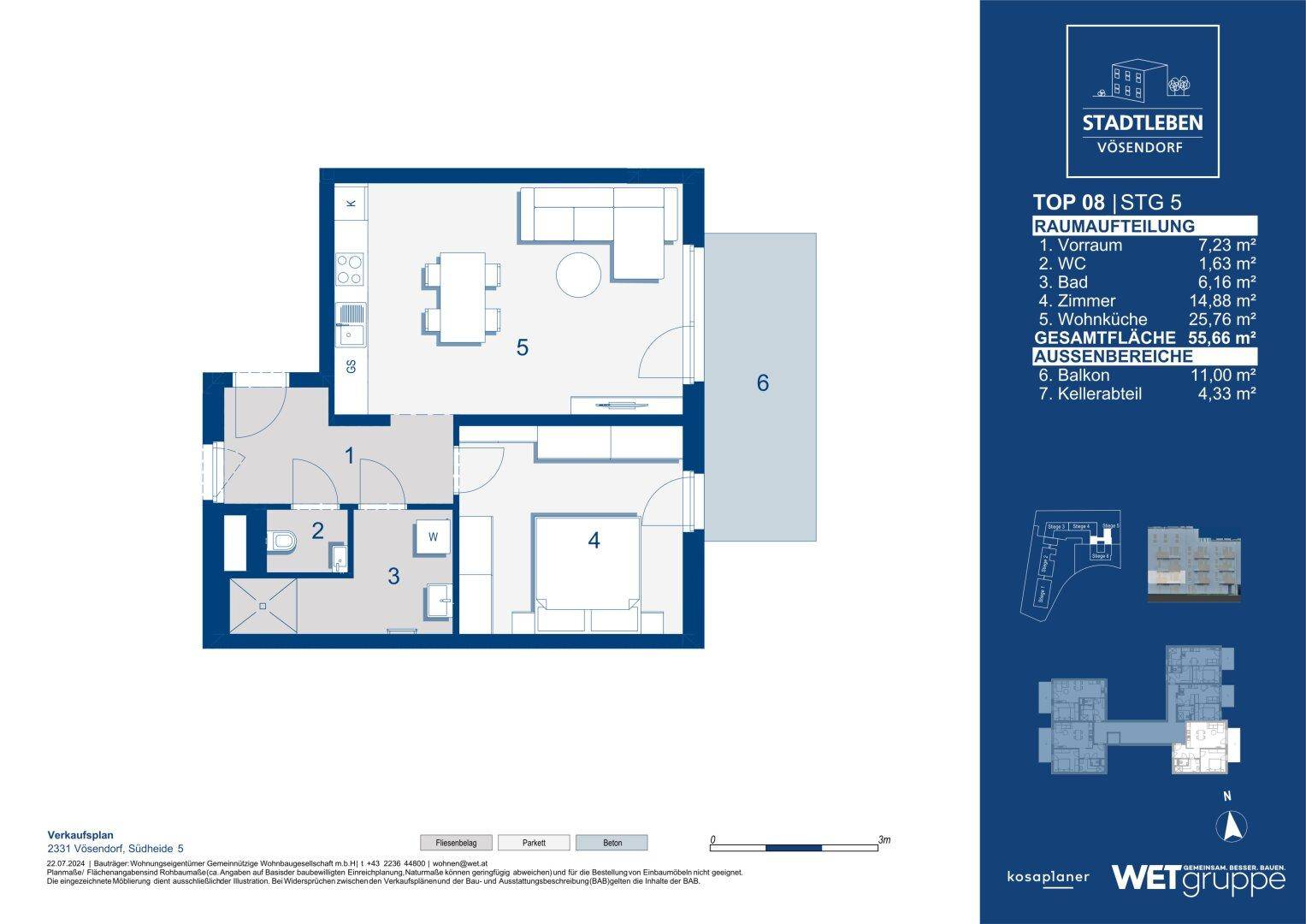 Detaillierter Grundriss einer Wohnung mit Balkon, Wohnküche und separatem WC.