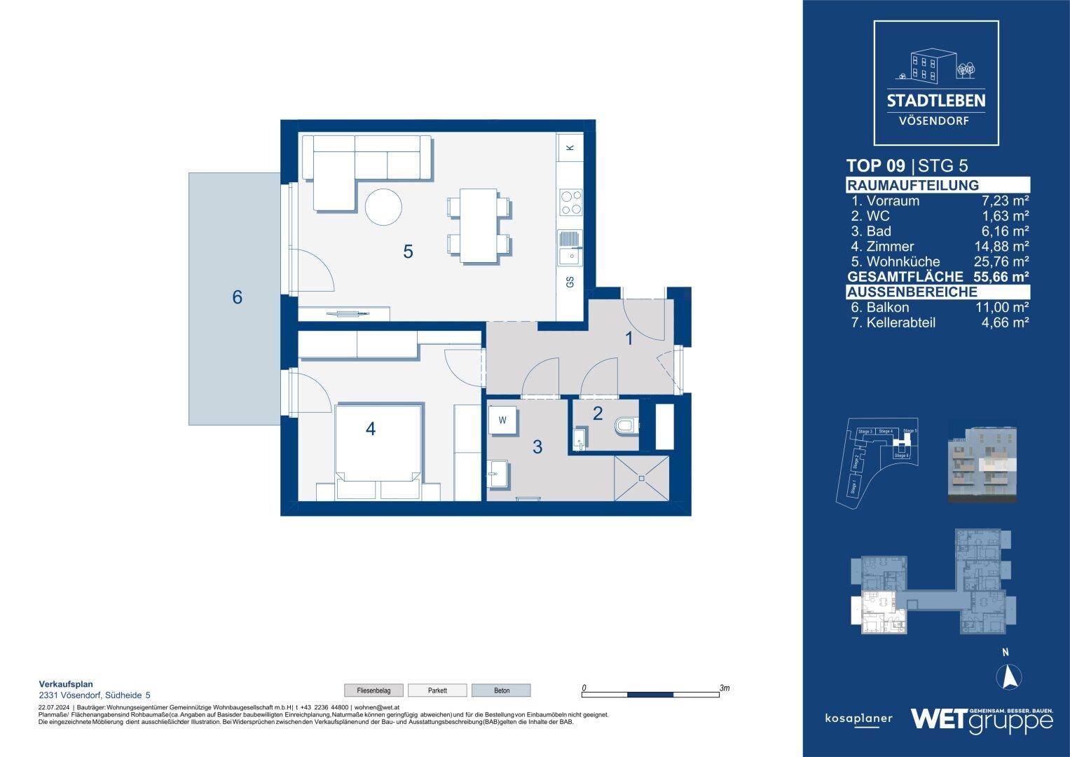 Grundriss einer Wohnung mit Wohnküche, Schlafzimmer und Balkon, Gesamtfläche 55,66 m².