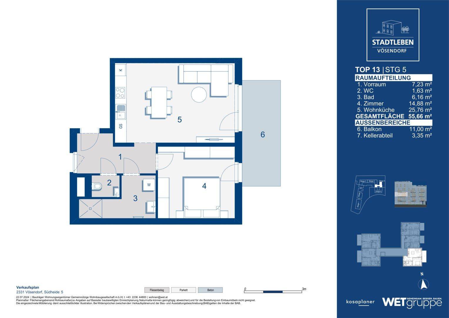 Detaillierter Grundriss einer Wohnung mit Balkon, separatem WC und Kellerabteil.