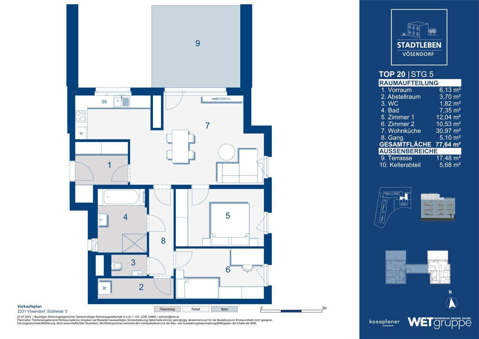 Detaillierter Grundriss einer Wohnung mit Raumaufteilung und Flächenangaben.