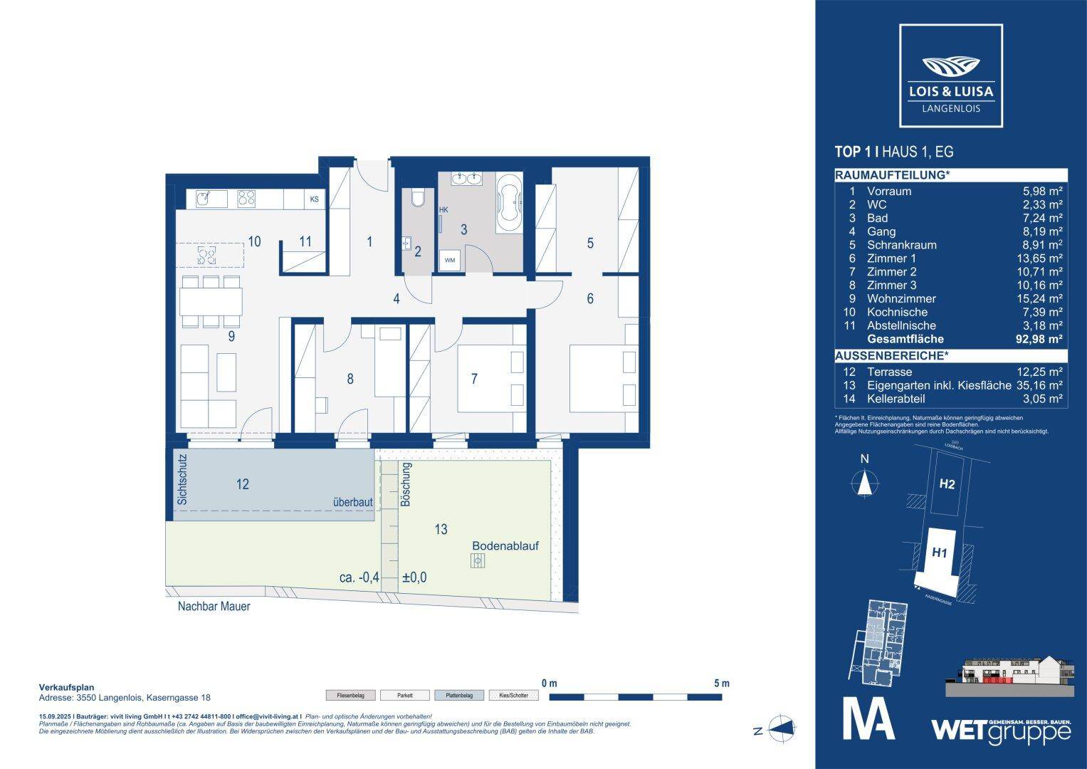 Detaillierter Grundriss einer Erdgeschosswohnung mit Terrasse und Gartenanteil.