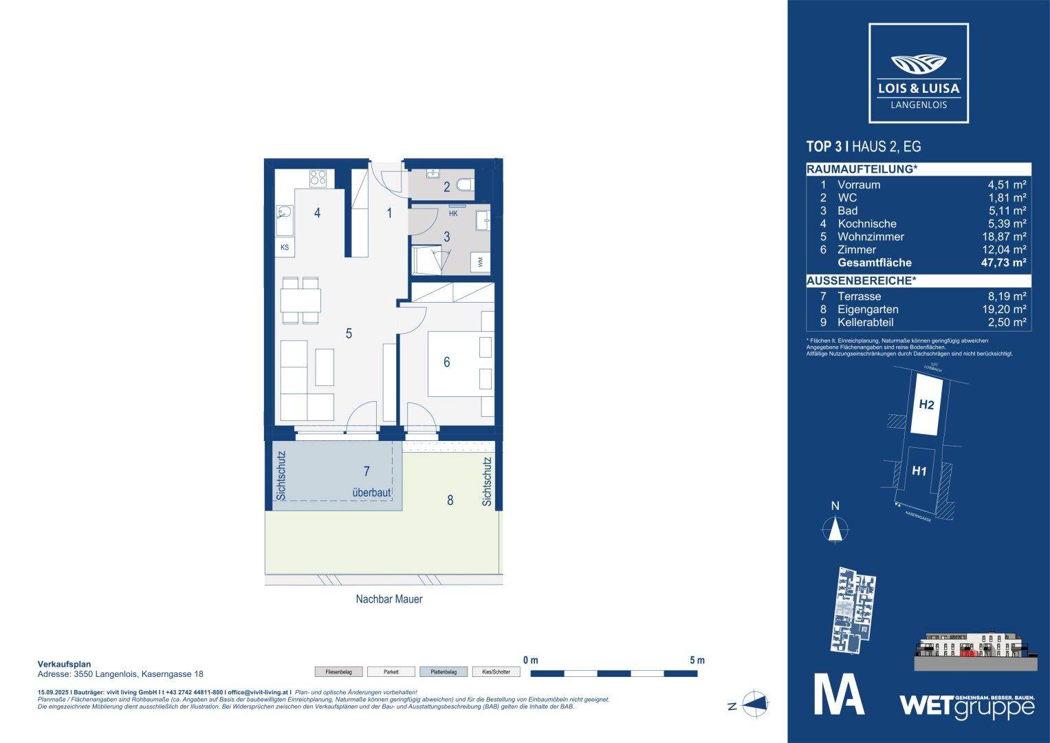 Grundriss für eine Erdgeschosswohnung mit Terrasse, Garten und offenem Wohnbereich.