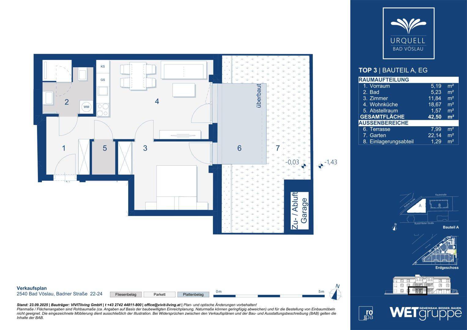Grundriss einer Wohnung mit drei Zimmern, Terrasse und Gartenanteil.