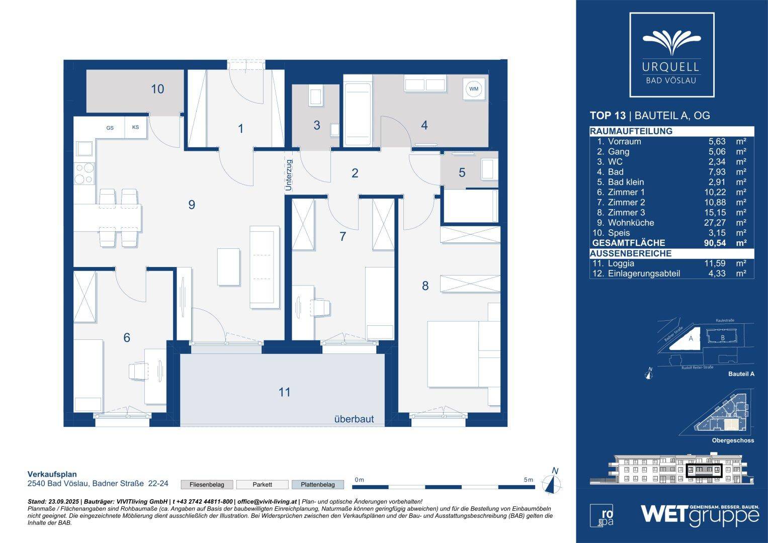 Detaillierter Grundriss einer Wohnung mit offener Wohnküche, Loggia und separatem WC.
