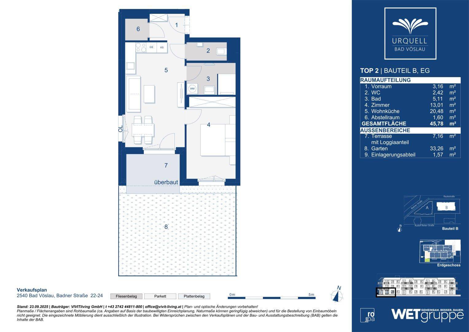 Grundriss einer Erdgeschosswohnung mit Terrasse, Garten und separatem WC.