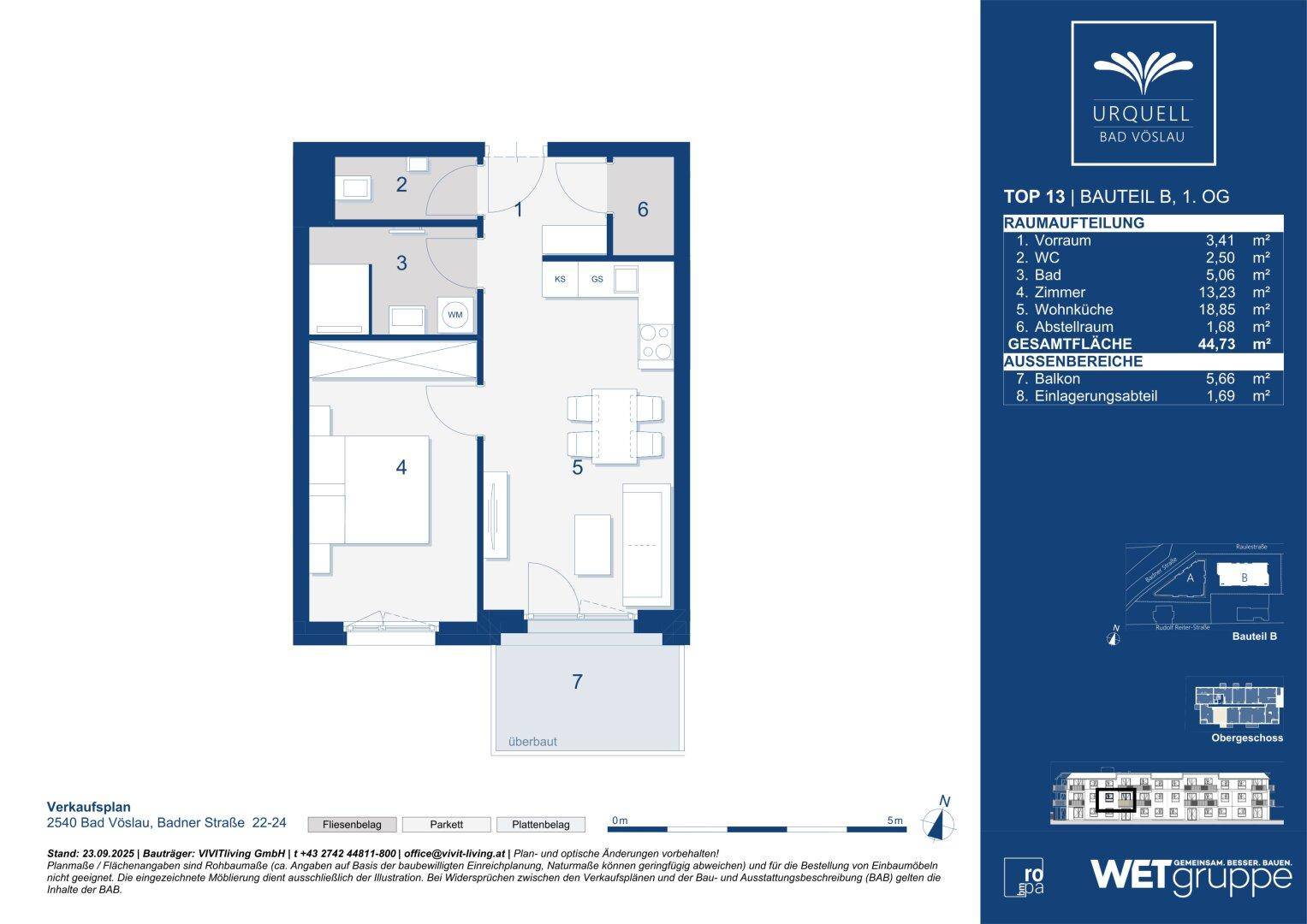 Detaillierter Grundriss einer Wohnung mit Balkon und separatem WC.