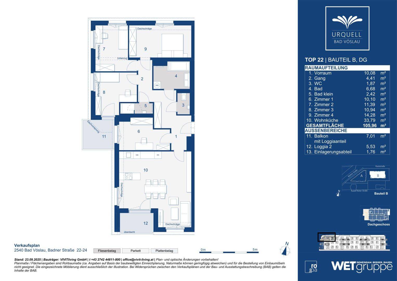 Grundriss einer Wohnung mit Balkon, separatem WC und mehreren Zimmern im Dachgeschoss.