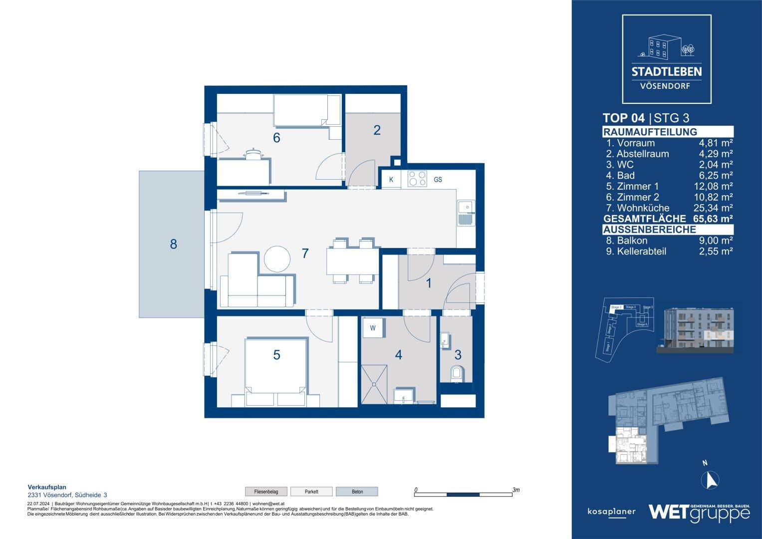 Detaillierter Grundriss einer Wohnung mit Balkon und separatem Abstellraum.