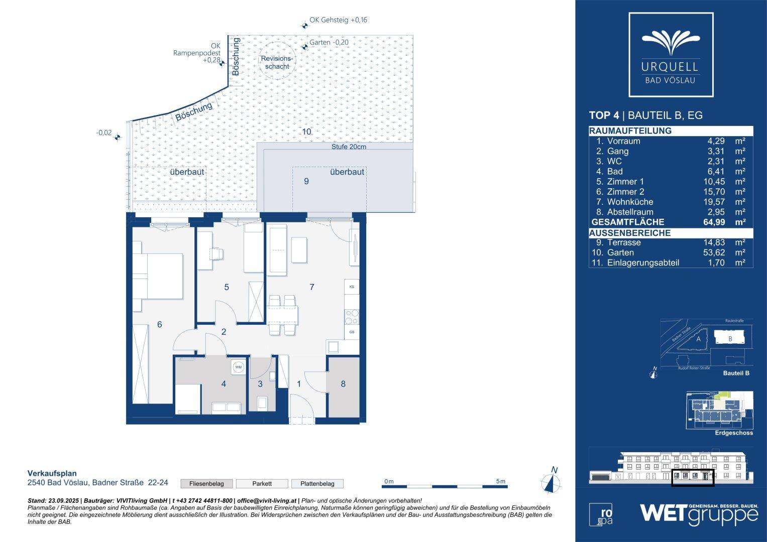 Grundriss einer Wohnung mit Terrasse und Gartenanteil im Erdgeschoss.