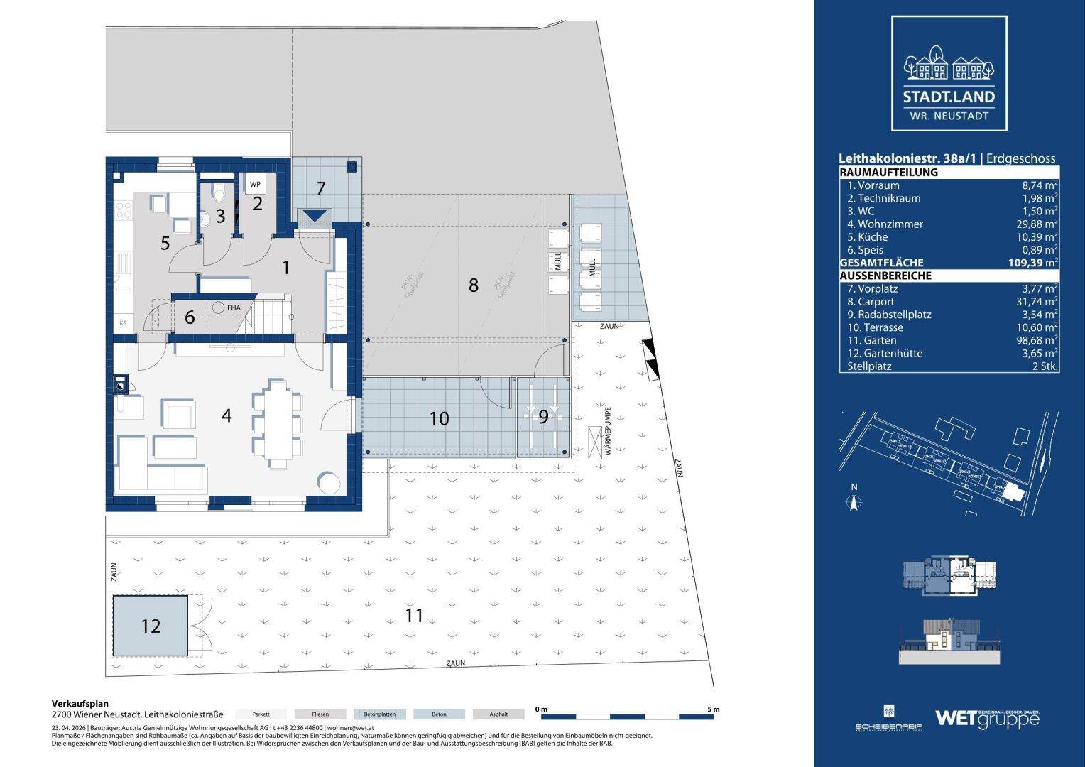 Grundriss des Erdgeschosses mit großem Gartenbereich, Terrasse und offenem Wohnkonzept.