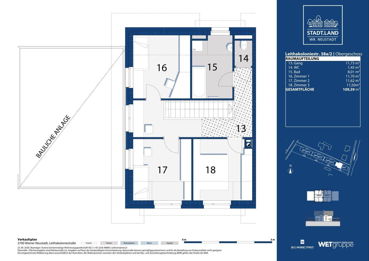 Grundriss des Obergeschosses mit drei Schlafzimmern und einem Badezimmer.
