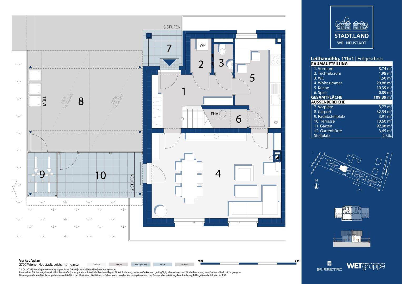 Grundriss des Erdgeschosses mit offenem Wohn-Essbereich, Küche, Terrasse, Garten und Carport.