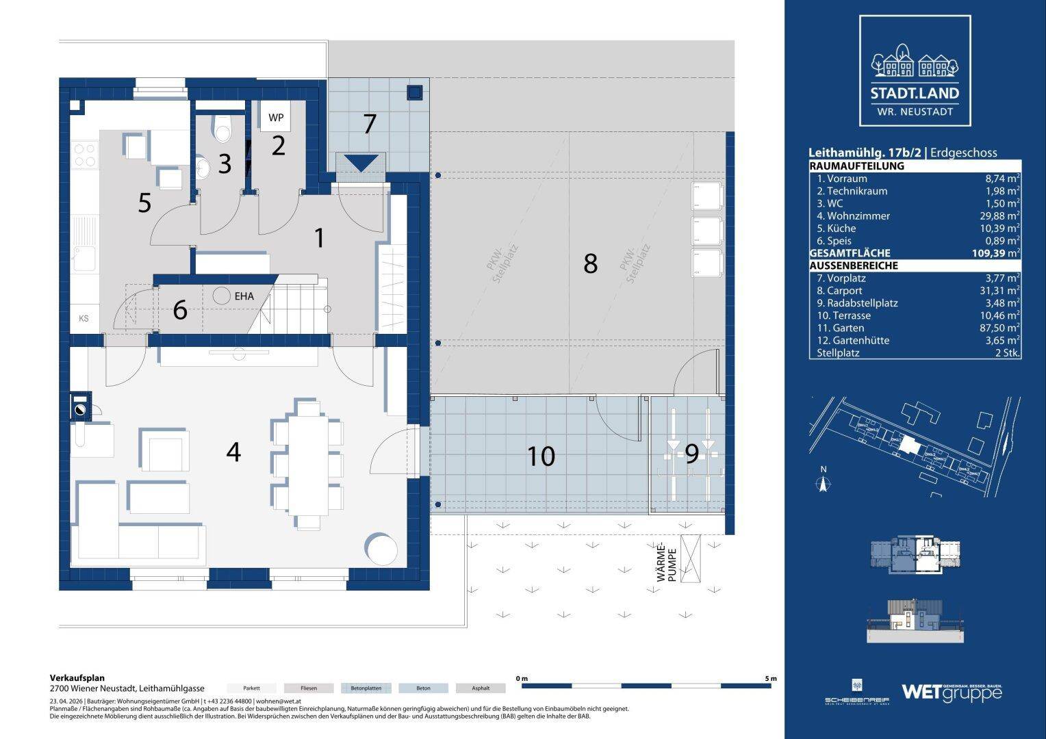 Detaillierter Grundriss des Erdgeschosses mit Wohnbereich, Küche und Zugang zu Terrasse und Garten.