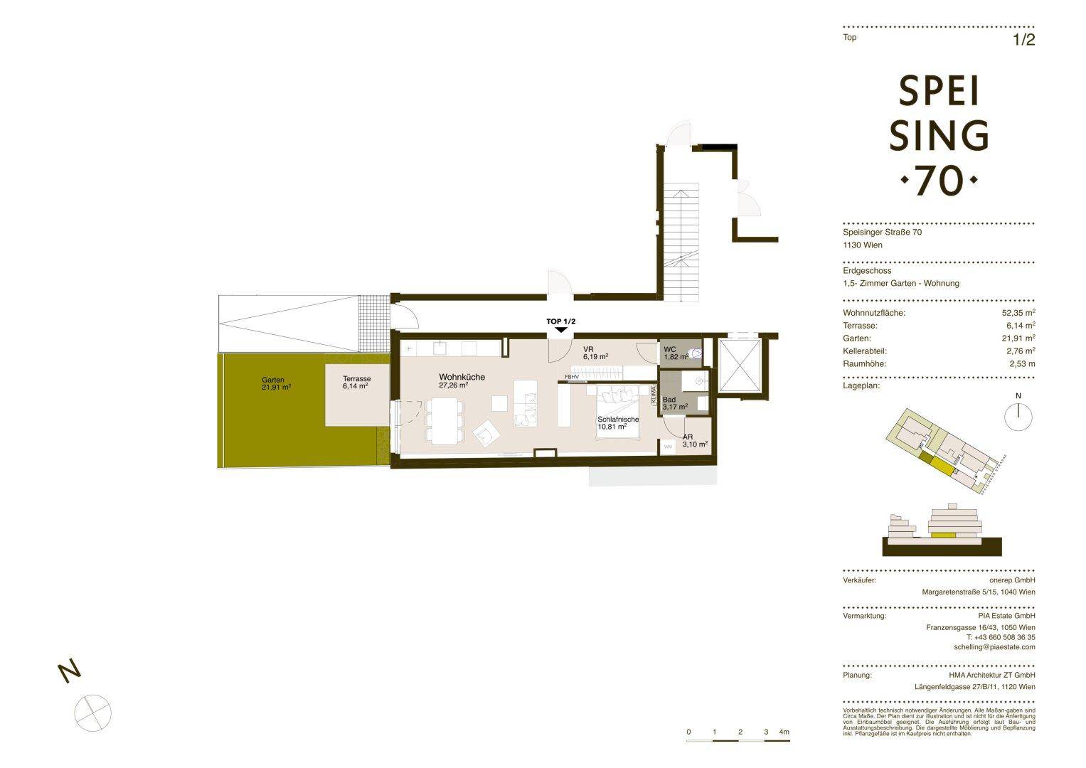Grundriss einer Wohnung mit offener Wohnküche, Schlafzimmer, Bad und Zugang zu Terrasse und Garten.