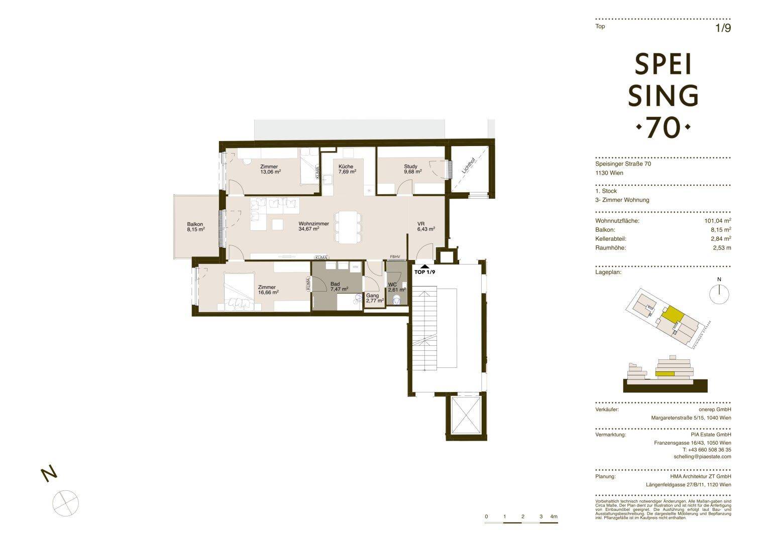 Grundriss einer 3-Zimmer-Wohnung mit Balkon und offenem Wohnbereich.