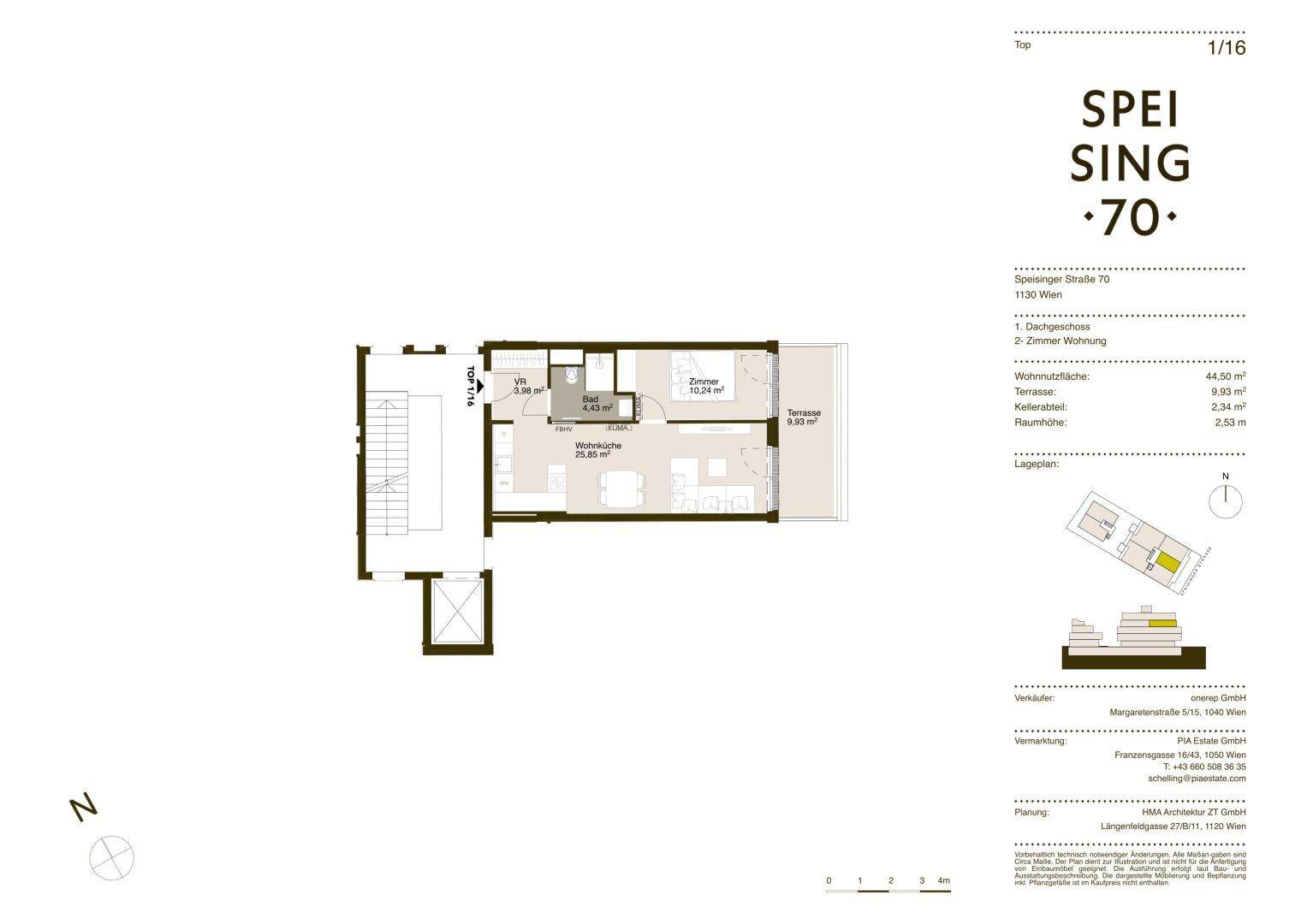 Grundriss einer 2-Zimmer-Wohnung mit Terrasse und Kellerabteil.