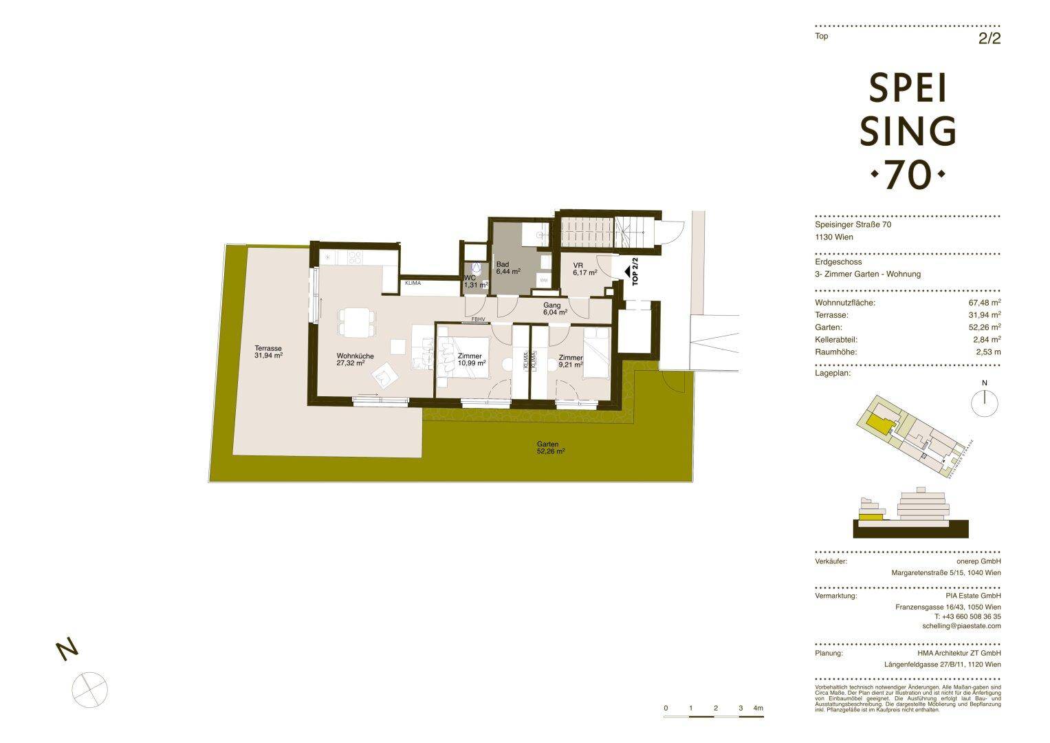 Grundriss einer 3-Zimmer-Gartenwohnung mit Terrasse und Gartenflächen.
