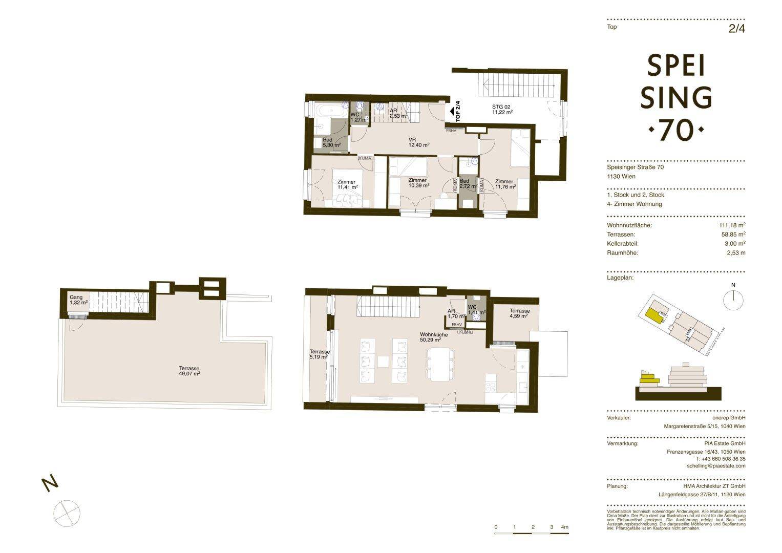 Grundriss einer 4-Zimmer-Wohnung mit Terrasse und Kellerabteil, inklusive Flächenangaben.