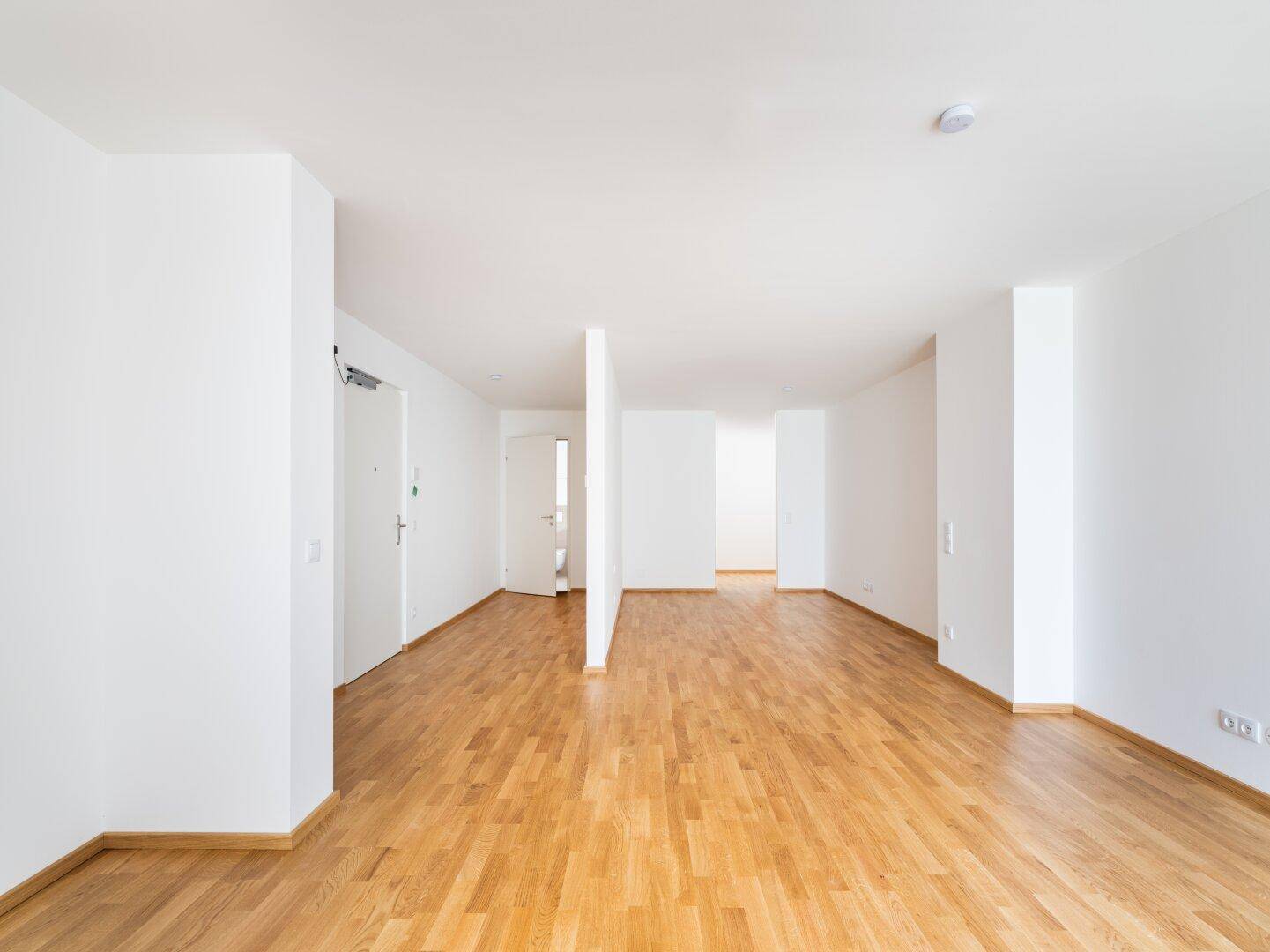 Geräumiger, heller Eingangsbereich mit Holzboden und weiß gestrichenen Wänden in einem Neubau.