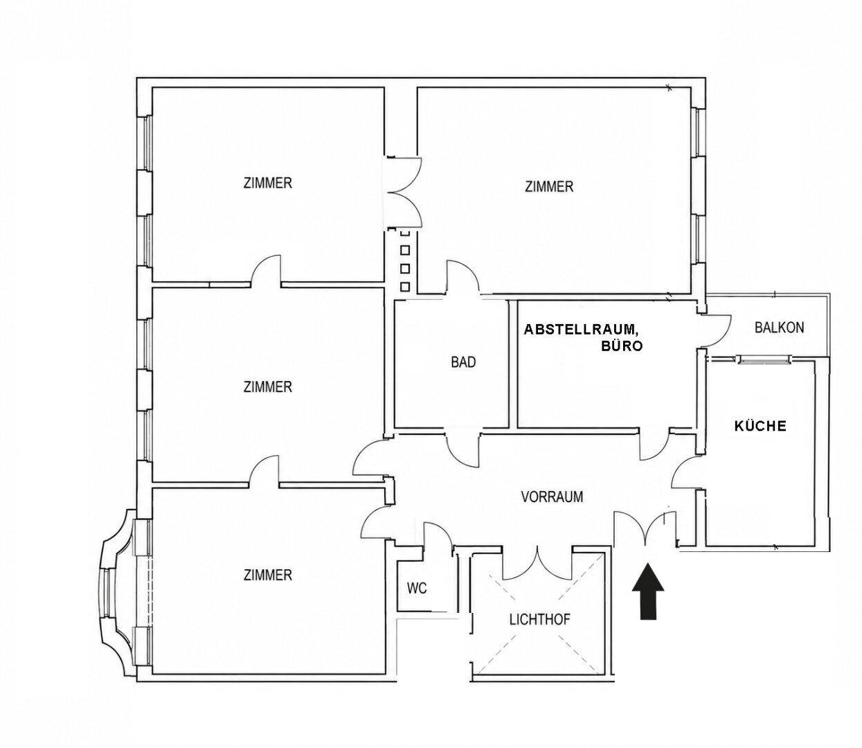 Grundriss einer Wohnung mit vier Zimmern, Küche, Bad und Balkon.