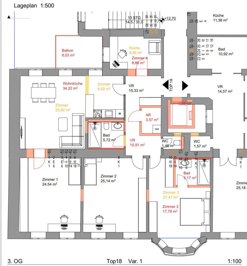 Detaillierter Grundriss einer Wohnung im 3. Obergeschoss mit mehreren Zimmern und Balkon.