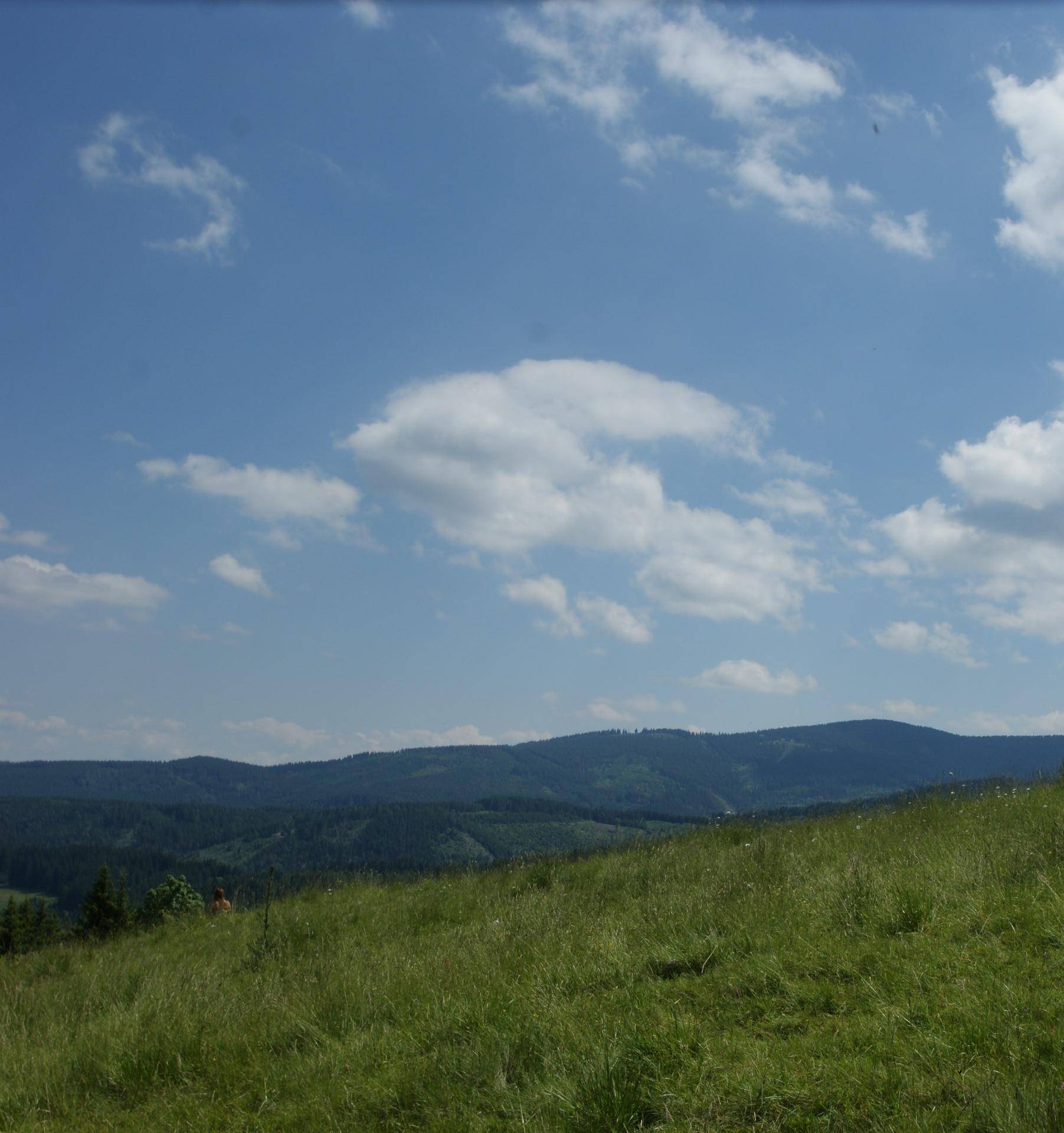 Panoramablick über sanfte grüne Hügel und bewaldete Berge unter einem weiten blauen Himmel mit Wolken.