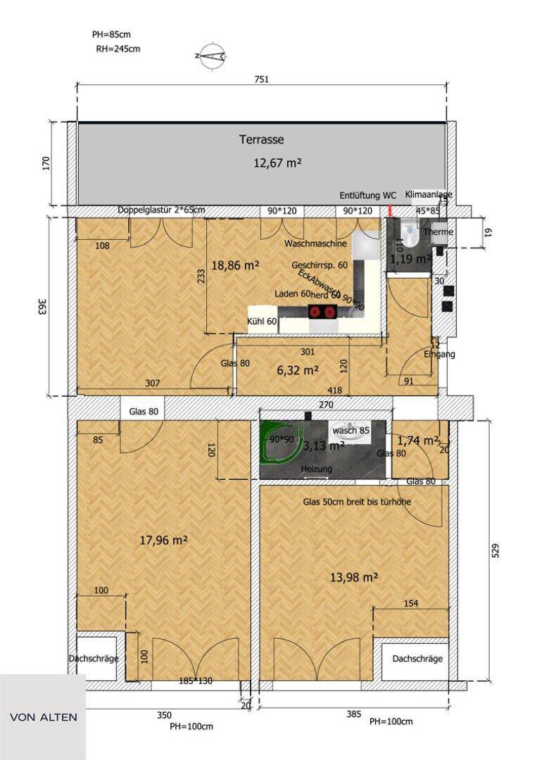 Grundriss einer Wohnung mit Terrasse, drei Zimmern, Dachschrägen und Klimaanlage.