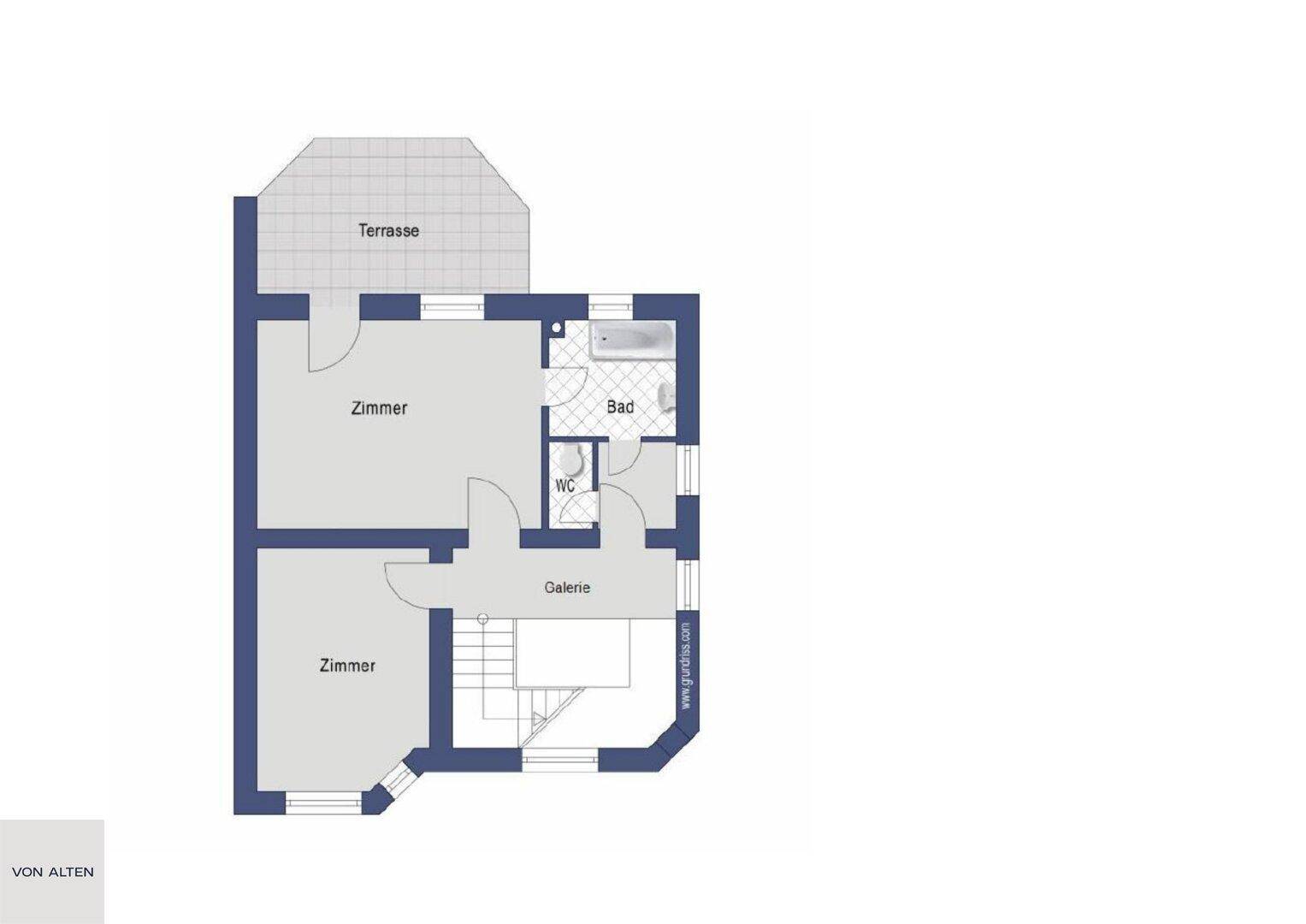 Grundriss des Obergeschosses mit zwei Zimmern, Bad, separatem WC und einer weiteren Terrasse.