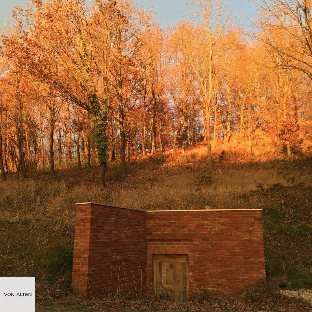 Rustikaler Ziegelbau mit Holztür, eingebettet in eine herbstliche Landschaft mit Bäumen.