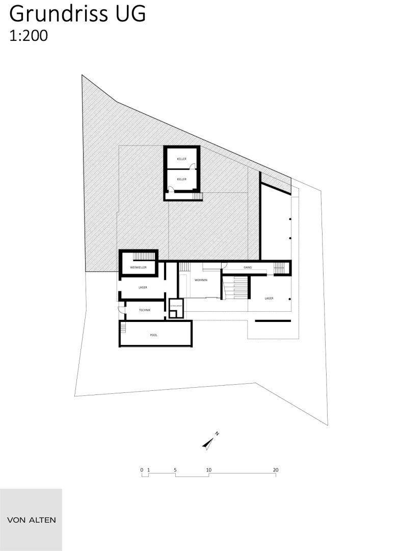 Grundriss des Untergeschosses mit Keller, Lagerflächen und Technikraum.