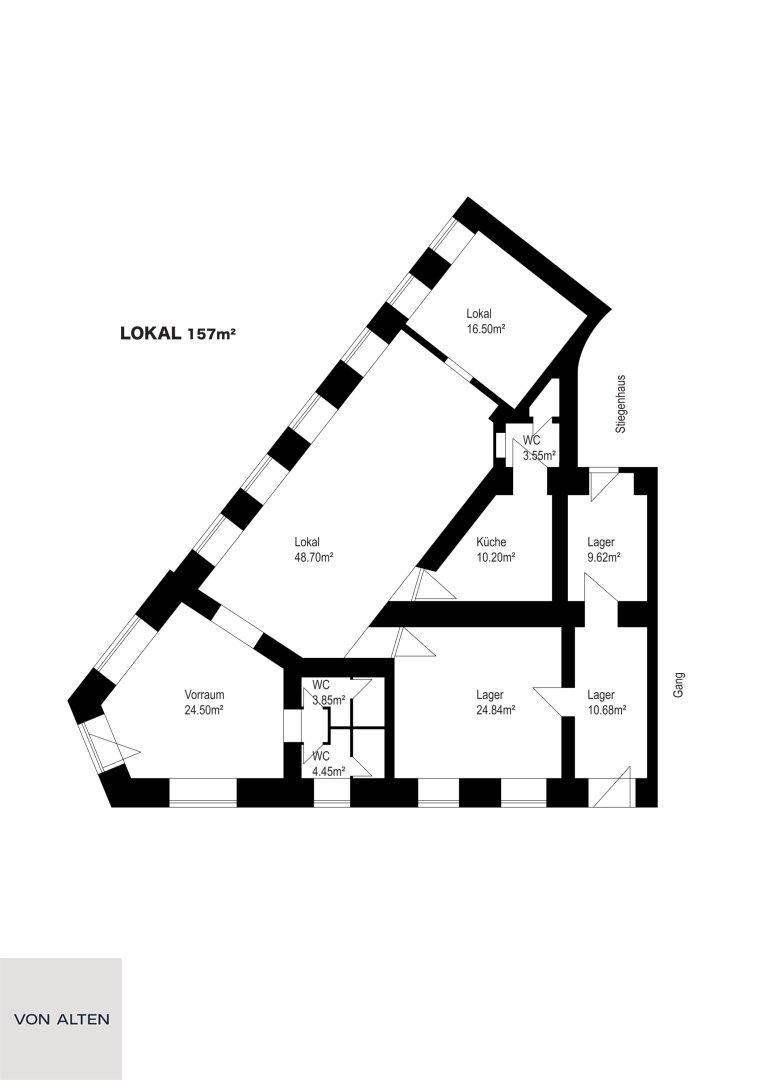 Grundriss eines Lokals mit 157m² Gesamtfläche, inklusive Küche, Lager und WCs.