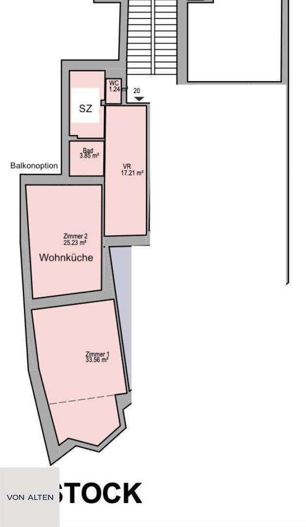Grundrissplan einer Wohnung mit offener Wohnküche, separatem WC und Balkonoption.
