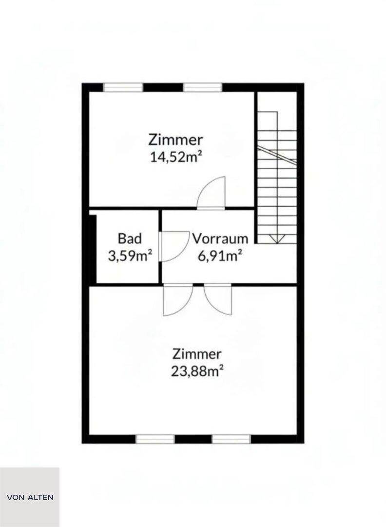 Grundriss des Dachgeschosses mit zwei Zimmern und Bad.
