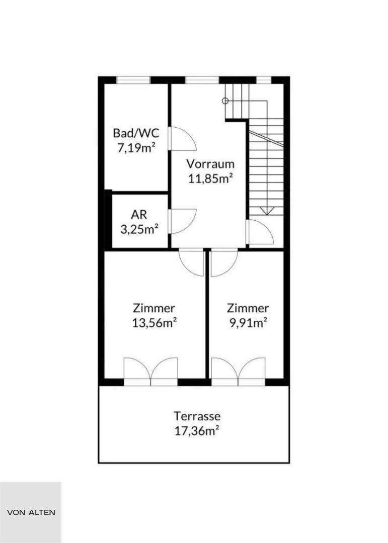 Grundriss des Obergeschosses mit zwei Zimmern, Bad/WC und Terrasse.