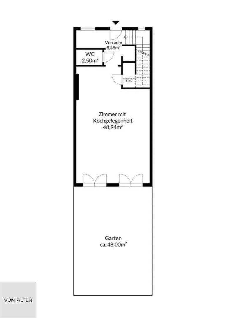 Grundriss des Erdgeschosses mit Zimmer, Kochgelegenheit, WC und Garten.