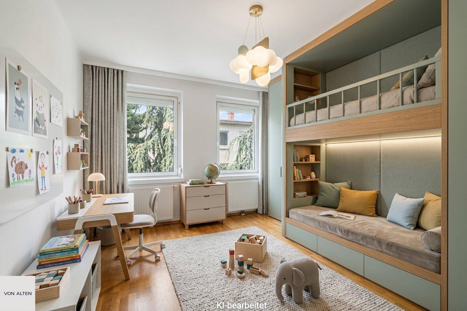 Kinderzimmer mit Etagenbett, Schreibtisch und hellem Holzfußboden.