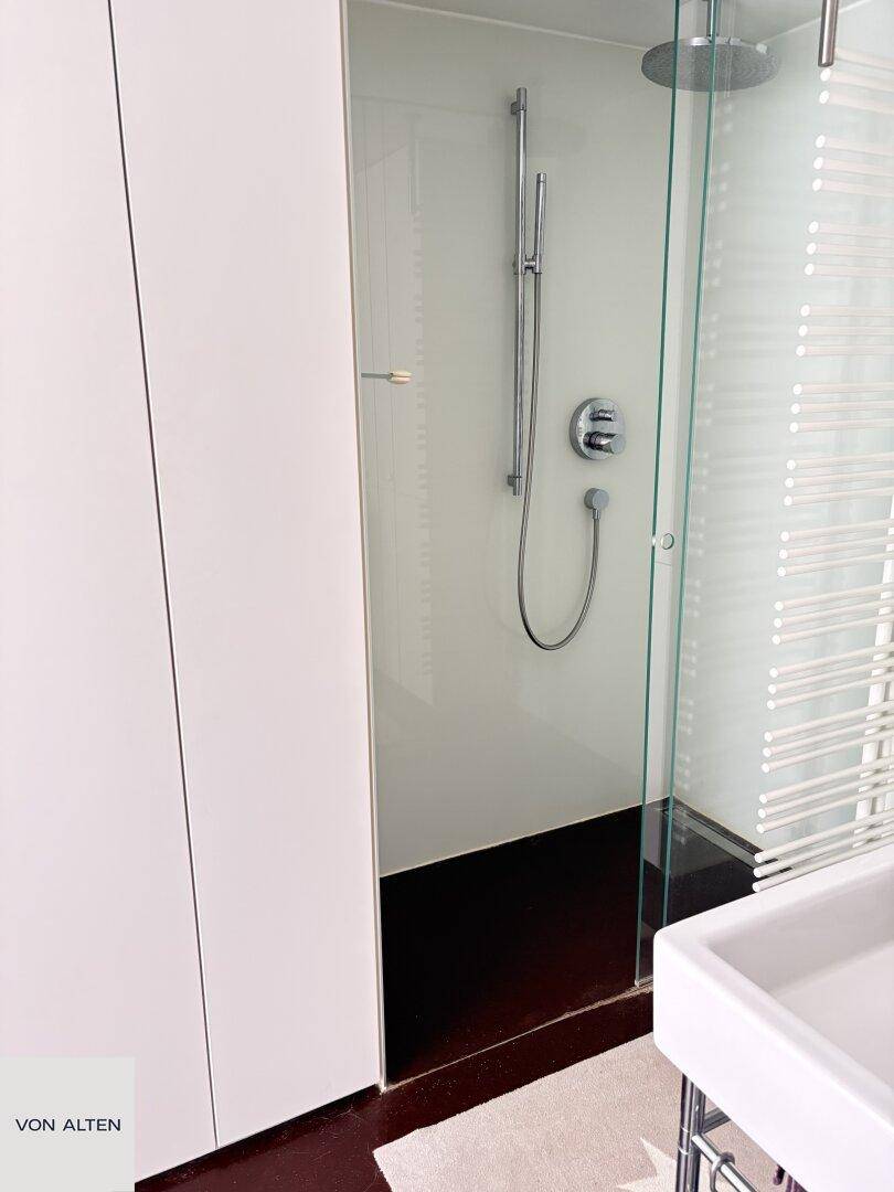 Modernes Badezimmer mit begehbarer Dusche, Glaswand und weißem Waschbecken.