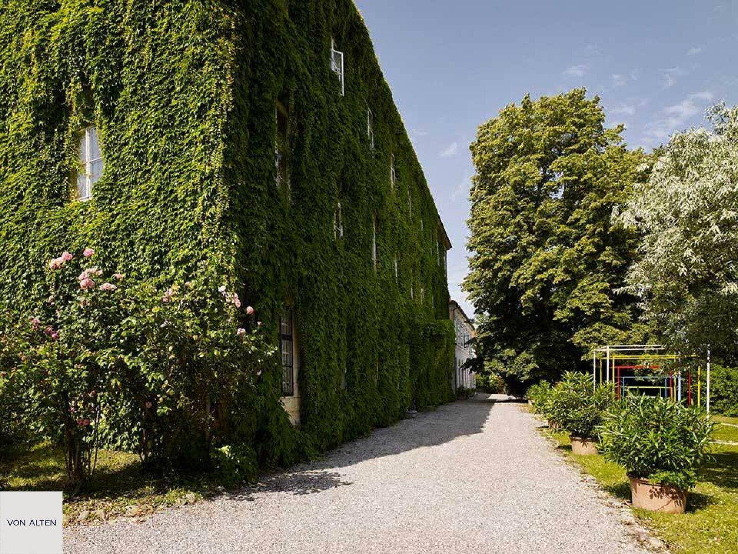 Historisches Gebäude mit Efeubewuchs und gepflegtem Gartenbereich unter blauem Himmel.