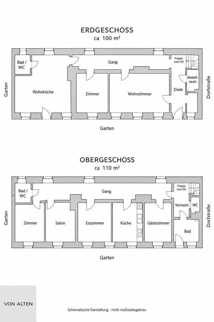 Grundriss des Erdgeschosses und Obergeschosses mit Zimmern und Bädern.
