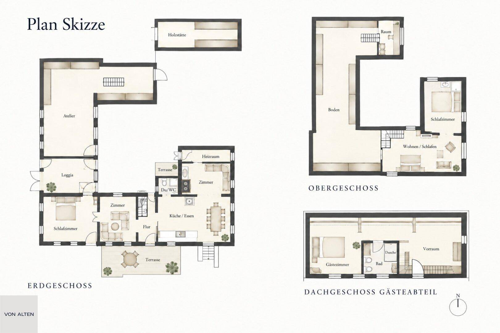 Detaillierter Grundriss des Hauses mit Erdgeschoss, Obergeschoss und Dachgeschoss-Gästeabteil.