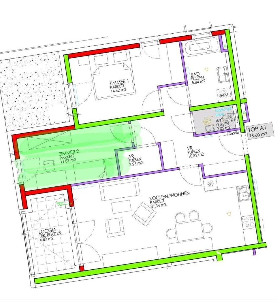 Grundriss einer Wohnung mit Loggia, zwei Schlafzimmern und offenem Wohnbereich.