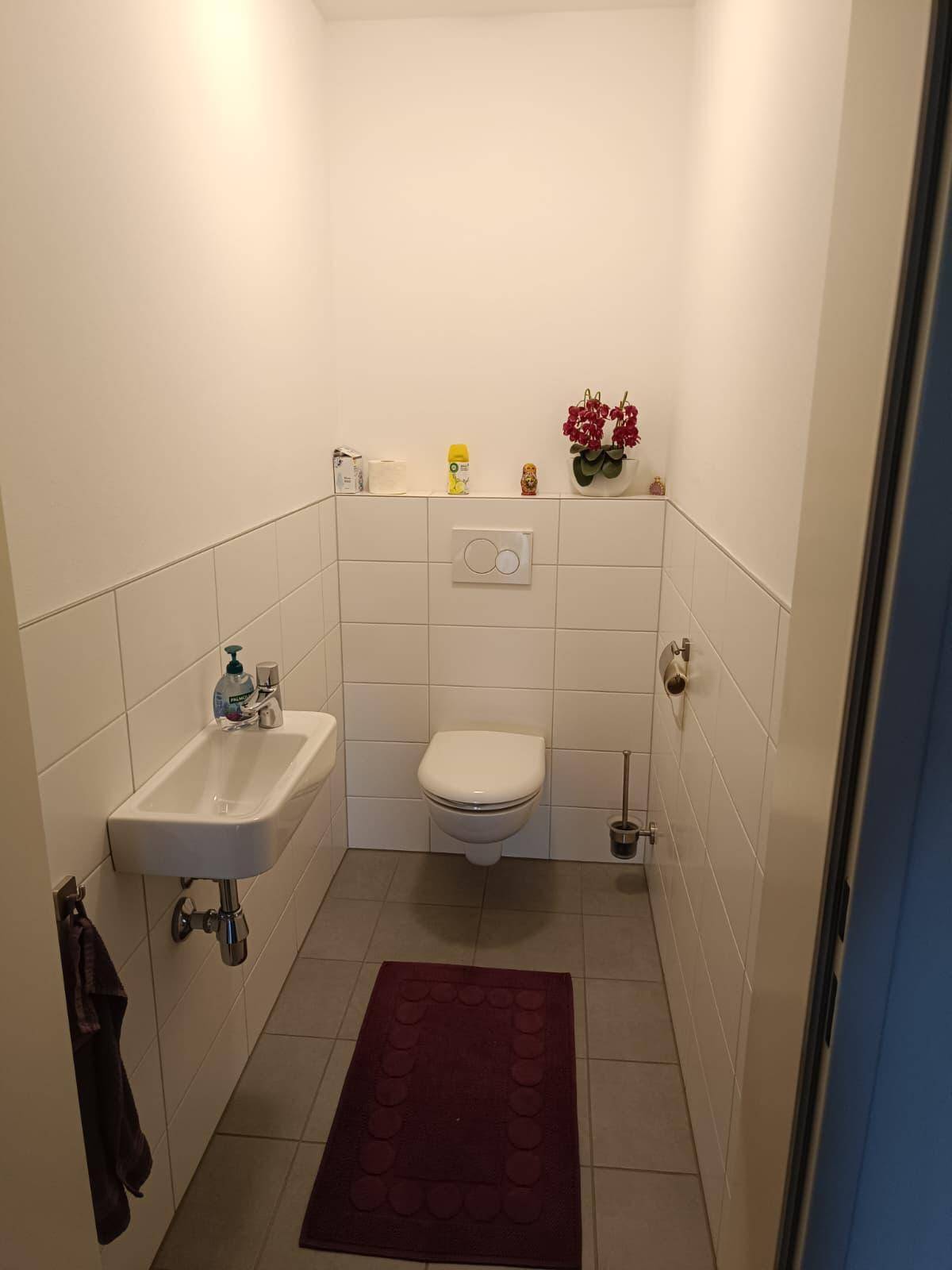 Kleines Gäste-WC mit Toilette und Handwaschbecken, ausgestattet mit weißen Wandfliesen.
