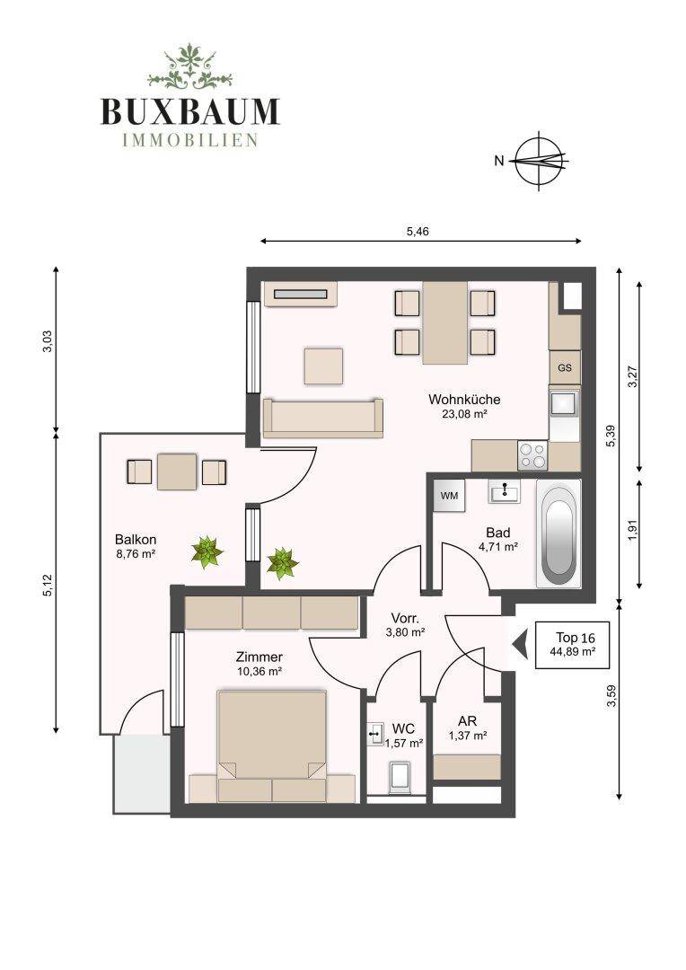 Detaillierter Grundriss der Wohnung mit Raumaufteilung und Flächenangaben.