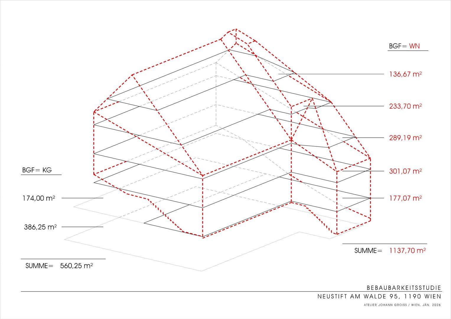 Schematische Darstellung der Flächenberechnung für die Bebauungsstudie in Wien.