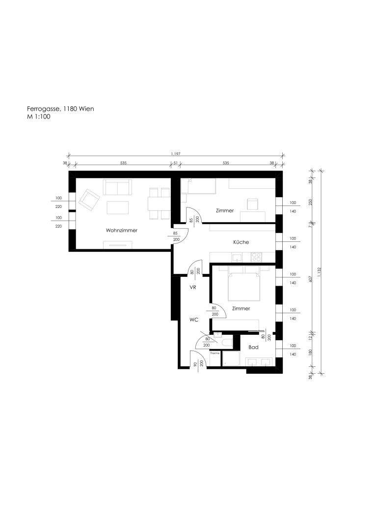 Grundriss der Wohnung mit Wohnzimmer, Küche, zwei Zimmern, Bad und WC.