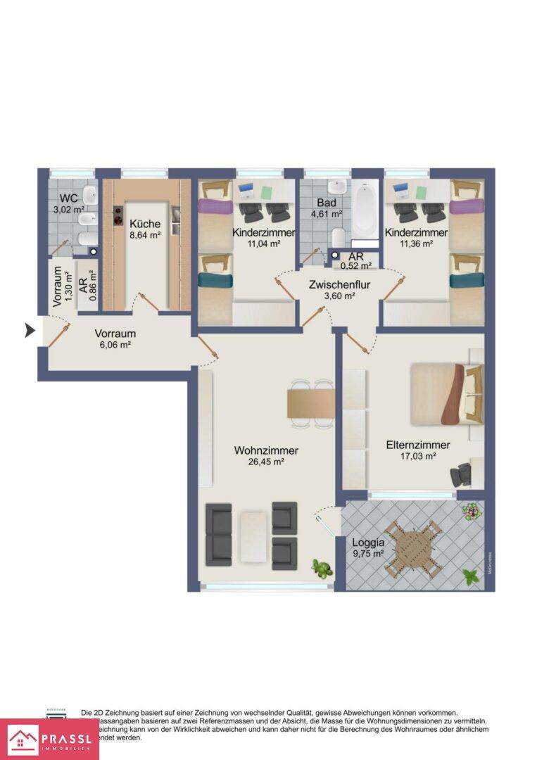 Detaillierter Grundriss der Wohnung mit Wohnzimmer, Schlafzimmern und Loggia.