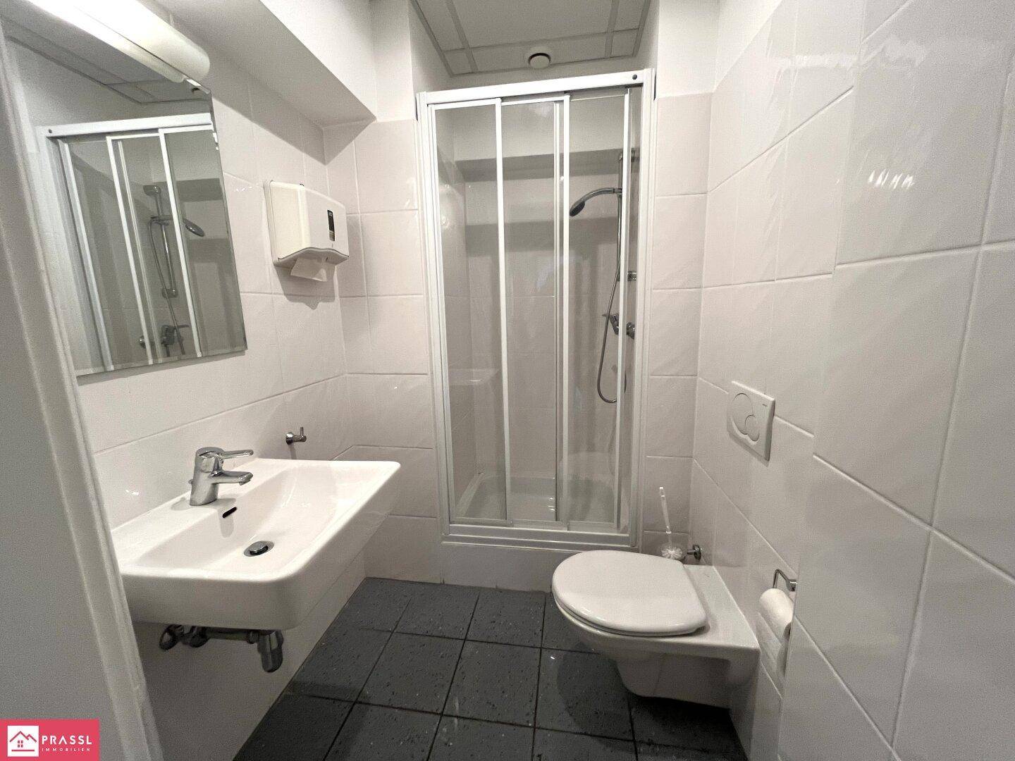 Funktionales Badezimmer mit Waschbecken, Toilette und Duschkabine, vollständig gefliest für Hygiene.
