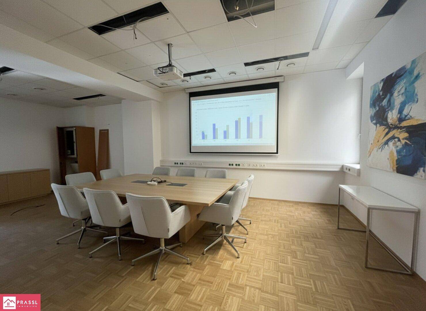 Heller Konferenzraum mit großem Holztisch, bequemen Stühlen, Beamer und Leinwand für Präsentationen.